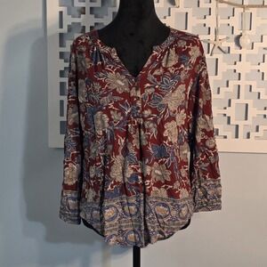Lucky Brand Womans Boho Floral V-Neck Blouse Long Sleeve Red Blue Size M